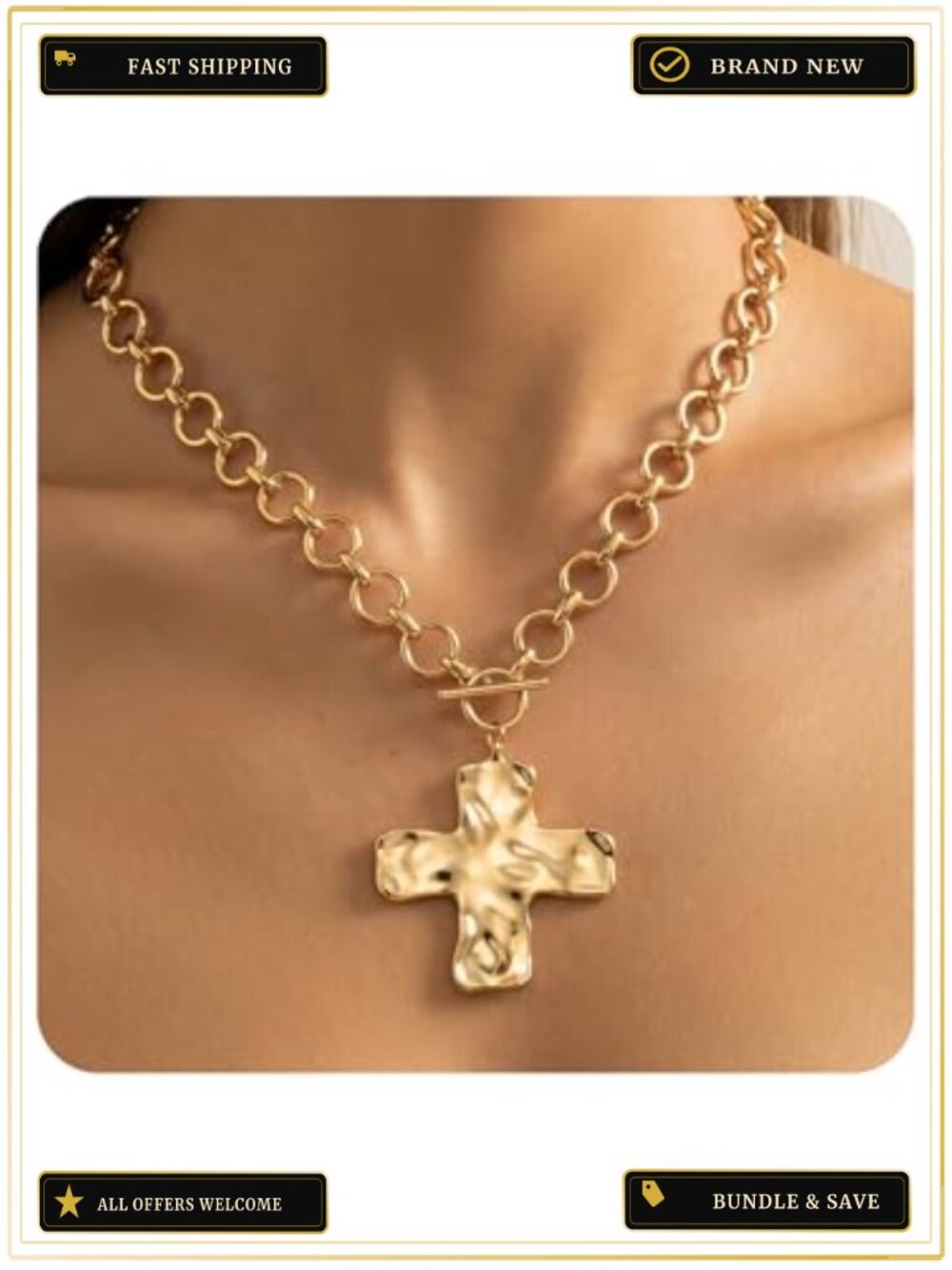 Chunky Hammered Cross Pendant Necklace Stainless Steel Statement Jewelry for